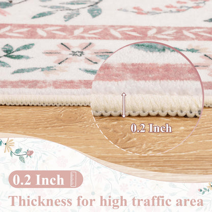 SHACOS Pink Floral Area Rugs 5x7 Nursery Rug, Machine Washable Boho Rugs for Bedroom, Non Slip Soft Floral Low-Pile Carpet for Living Room Kids Room Dining Room Entryway Indoor