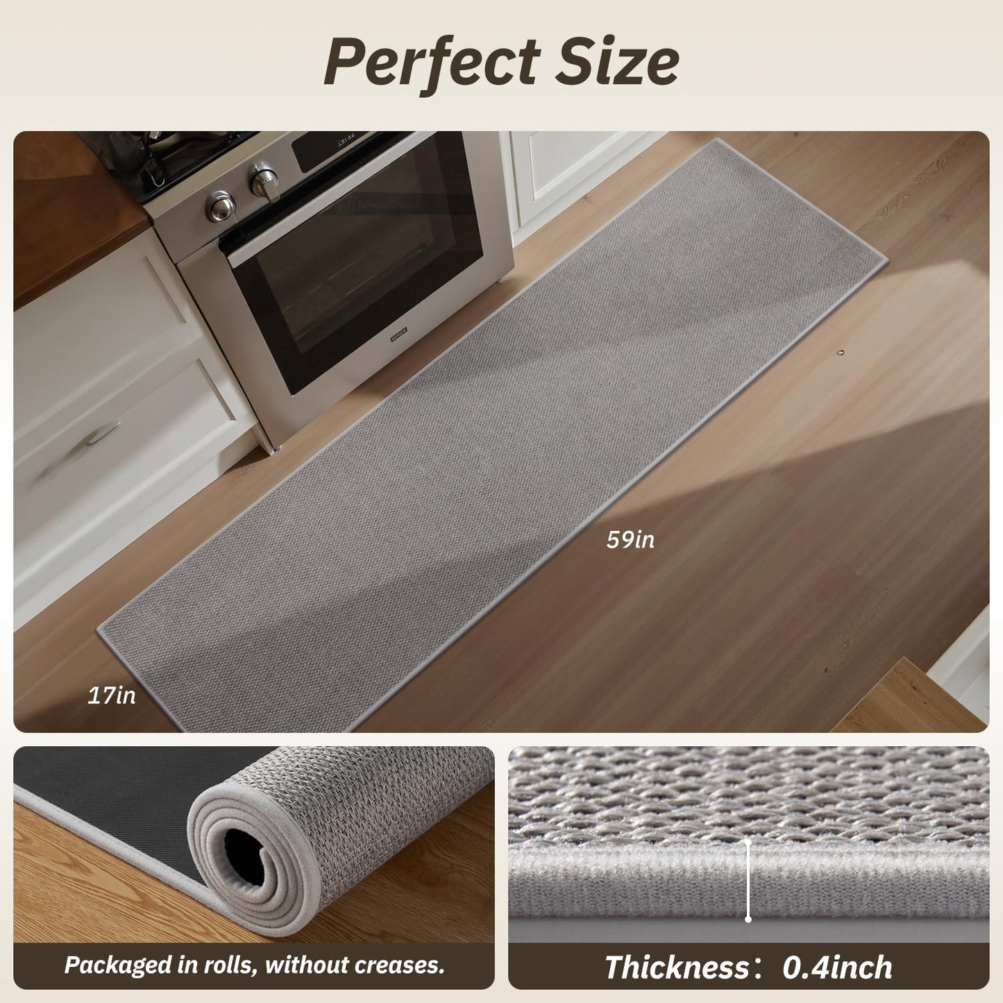 RESARE Kitchen Rugs, Non Slip Kitchen Mats for Floor, Absorbent Quick Dry Washable Kitchen Mats in Front of Sink, Hallway, Laundry, Kitchen Runner Rug(Grey, 17"x 59")
