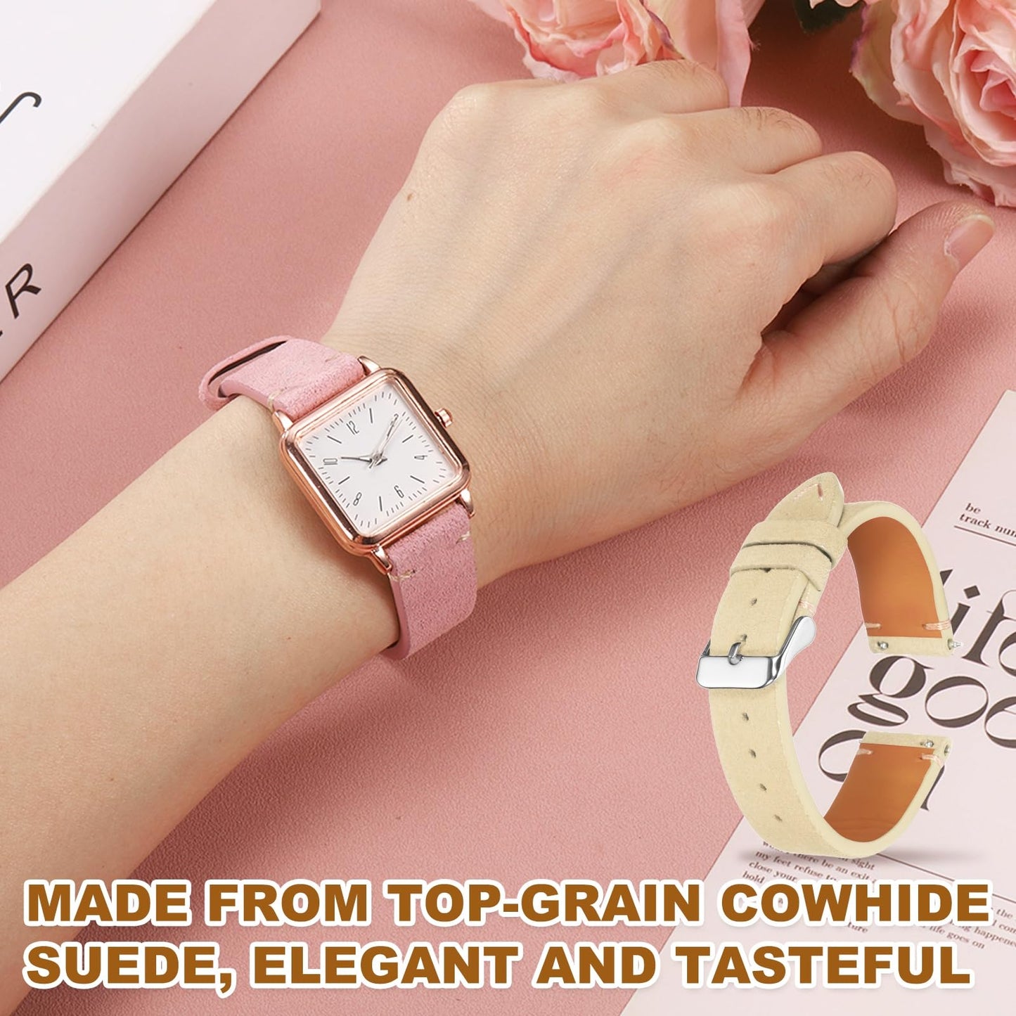 HARFINGTON Leather Watch Band 20mm Width Watch Strap Top-Grain Suede Cowhide Wrist Bands Replacement with Stainless Steel Buckle for Men Women, White