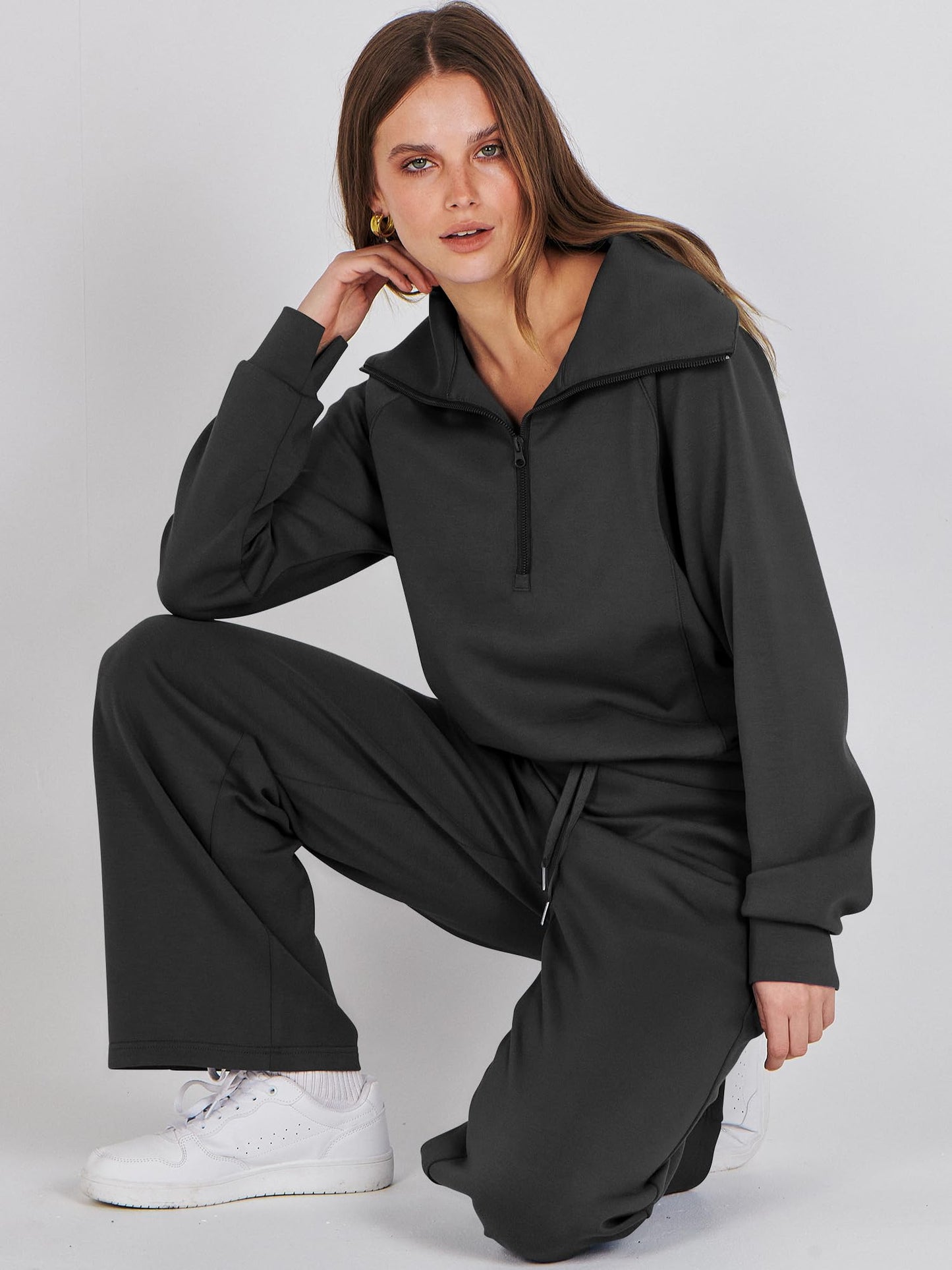 ANRABESS Women 2 Piece Outfits 2025 Fall Fashion Airport Wide Leg Pants Lounge Set Leisure Travel Vacation Clothes Sweatsuits Black X-Small