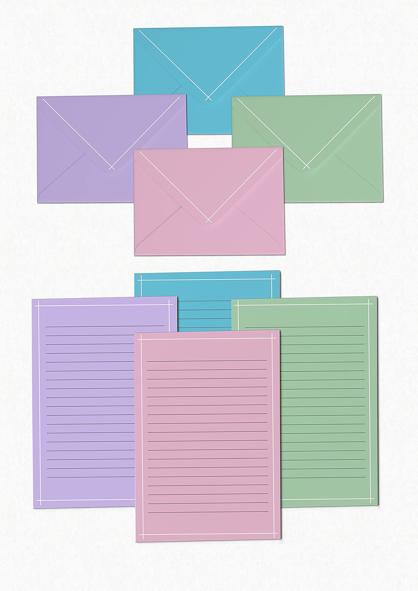 Better Office Products Mini Stationery Set, 100 Piece Set (50 Lined Sheets + 50 Matching Envelopes), 4 Solid Colors, Thin White Border, 5.5 x 8.25 inch, Double Sided Printing, One Side Lined Paper,