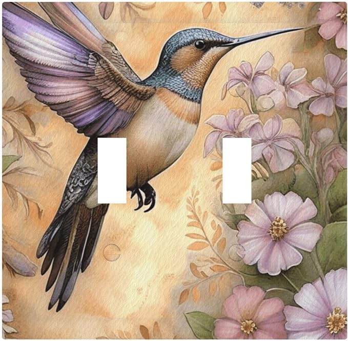 Decorative Art Light Switch Covers Blossom & Hummingbird 2 Gang Double Toggle Wall Plate Decorative Switchcover Electrical Switchplate for Home Decor