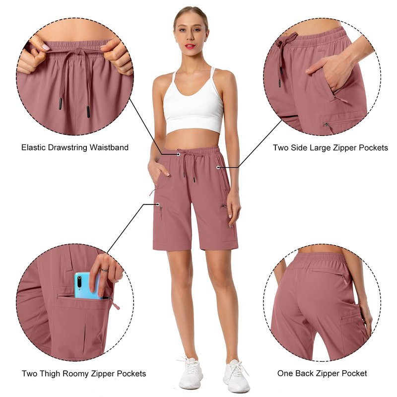 Hugut Women's Lightweight Hiking Cargo Shorts Quick Dry Athletic Shorts for Camping Travel Golf with Zipper Pockets Water Resistant Dusty Pink
