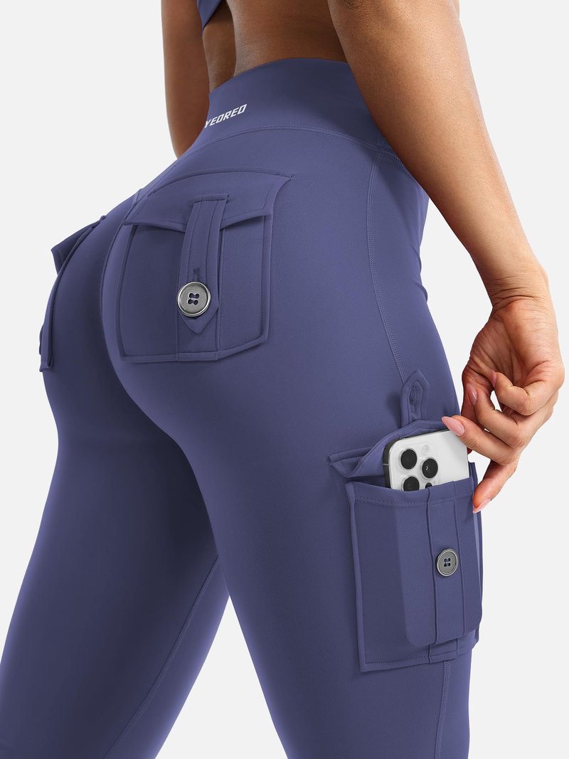 YEOREO CoreFlex Women Workout Flare Leggings with Pockets Hidden Scrunch High Waisted Cargo Gym Yoga No Front Seam Leggings Dark Blue L