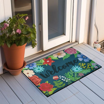 CHICHIC Welcome Door Mat 17x 30 Inch Front Door Mat Outdoors for Home Entrance Outdoors Mat for Outside Entry Way Doormat Entry Rugs, Heavy Duty Non Slip Rubber Back Low Profile, Colorful Flower