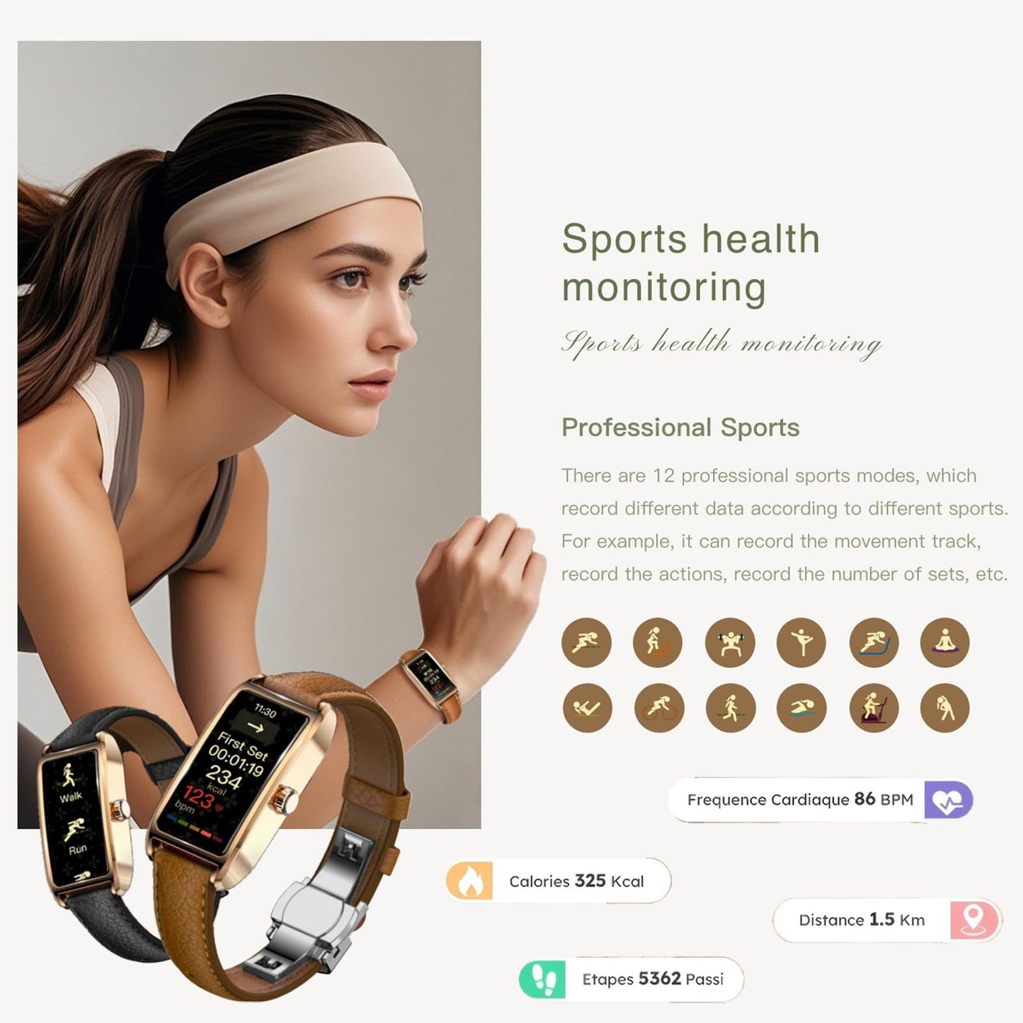 Amoled Laies Smart Watch for Women Smartwatch with Leather Strap Heart Rate Stress Sleep Monitor 12 Sports Modes Fitness Tracker Watch Notifications Music & Camera Control Waterproof iOS Android