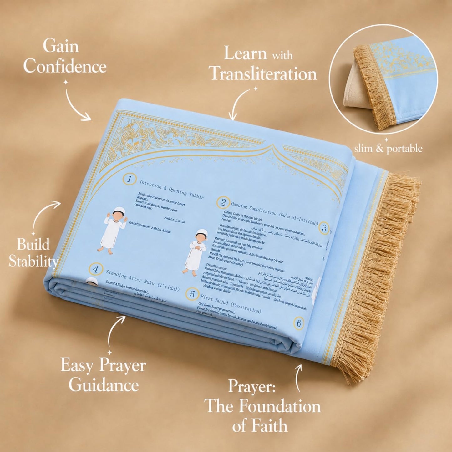 3-Pack Suede Prayer Mat with Instructions, Muslim Prayer Rug Set