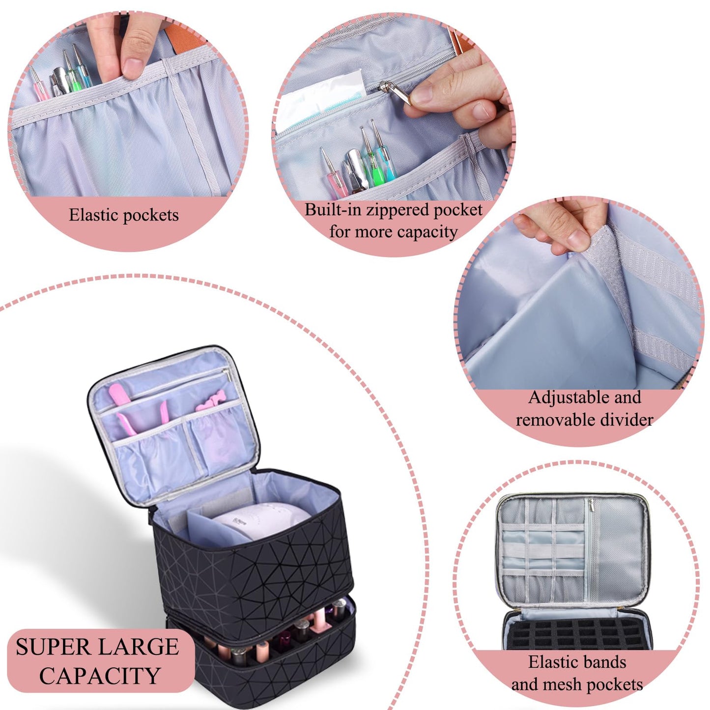 RZMAYIS PU Leather Nail Polish Organizer, Double Layer Nail Polish Storage Holds 30 Bottles (15ml/0.5fl.oz) & Nail Lamp, Portable Nail Bag Organizer Case for Nail Tech Travel & Manicure Kit