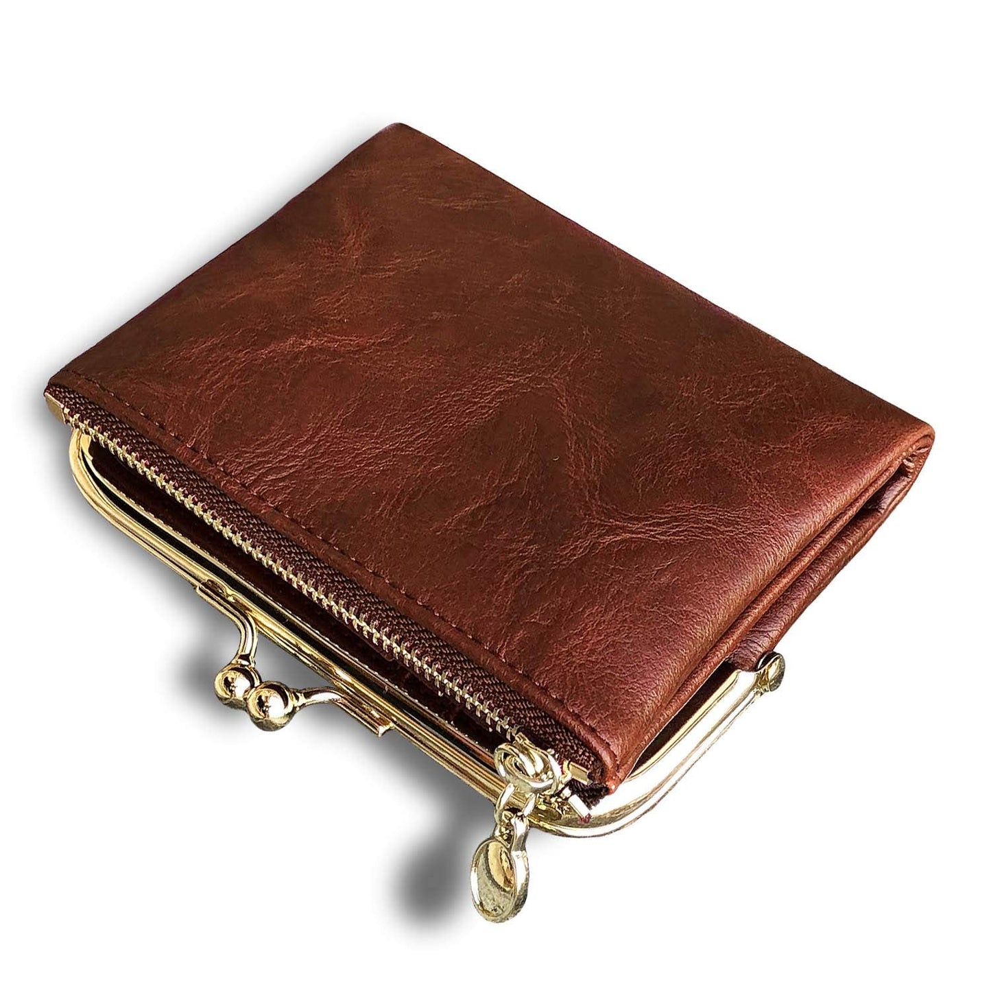 AOXONEL Womens Wallet Small Rfid Ladies Compact Bifold Leather Vintage Coin Purse With Zipper and Kiss Lock (Brown)