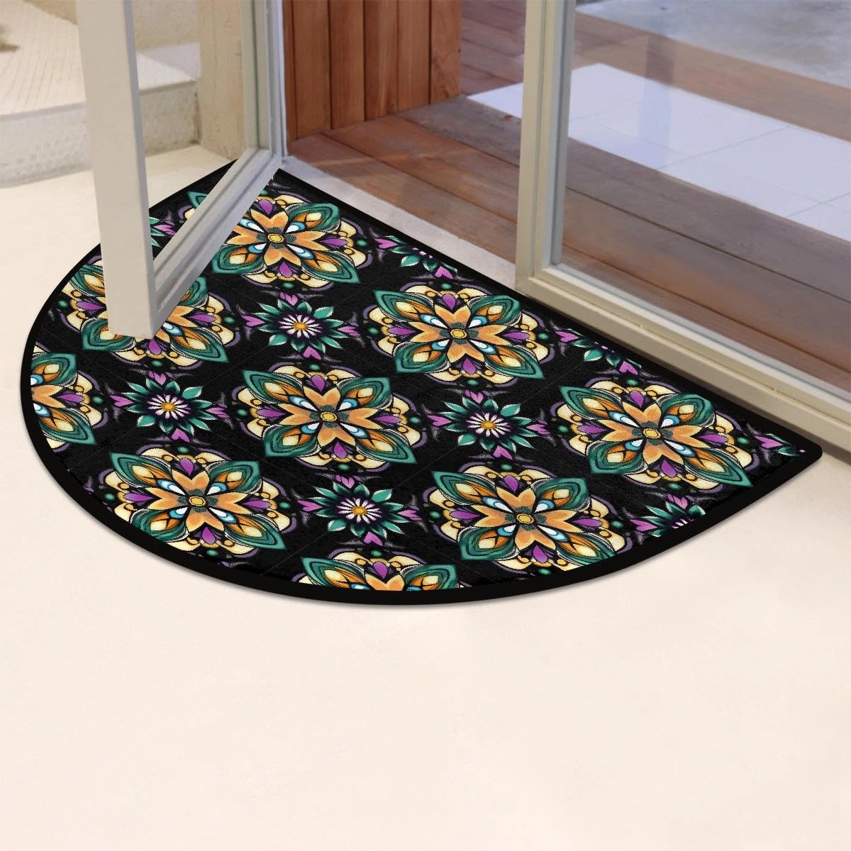 Half Round Door Mat Soft Non Slip Semi Circle Bath Rug with TPR Backing,Mexican Floral Tile Welcome Doormat Entryway Rugs for Front Door Living Room Bathroom,36x24IN