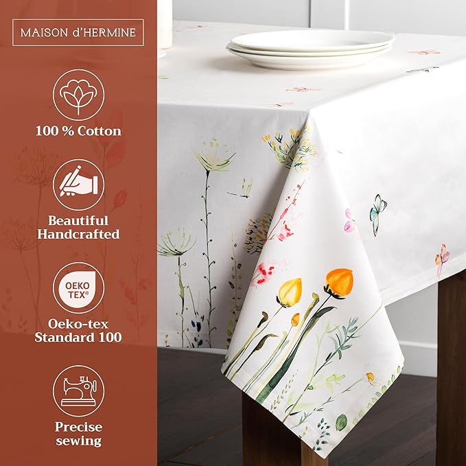 Maison d' Hermine Table Cloth Rectangle Table 100% Cotton 60 x 90 Inches Tablecloth Reusable Decorative for Dining Room, Farmhouse, Home, Party, Festive & Wedding Spring Summer - Botanical Fresh