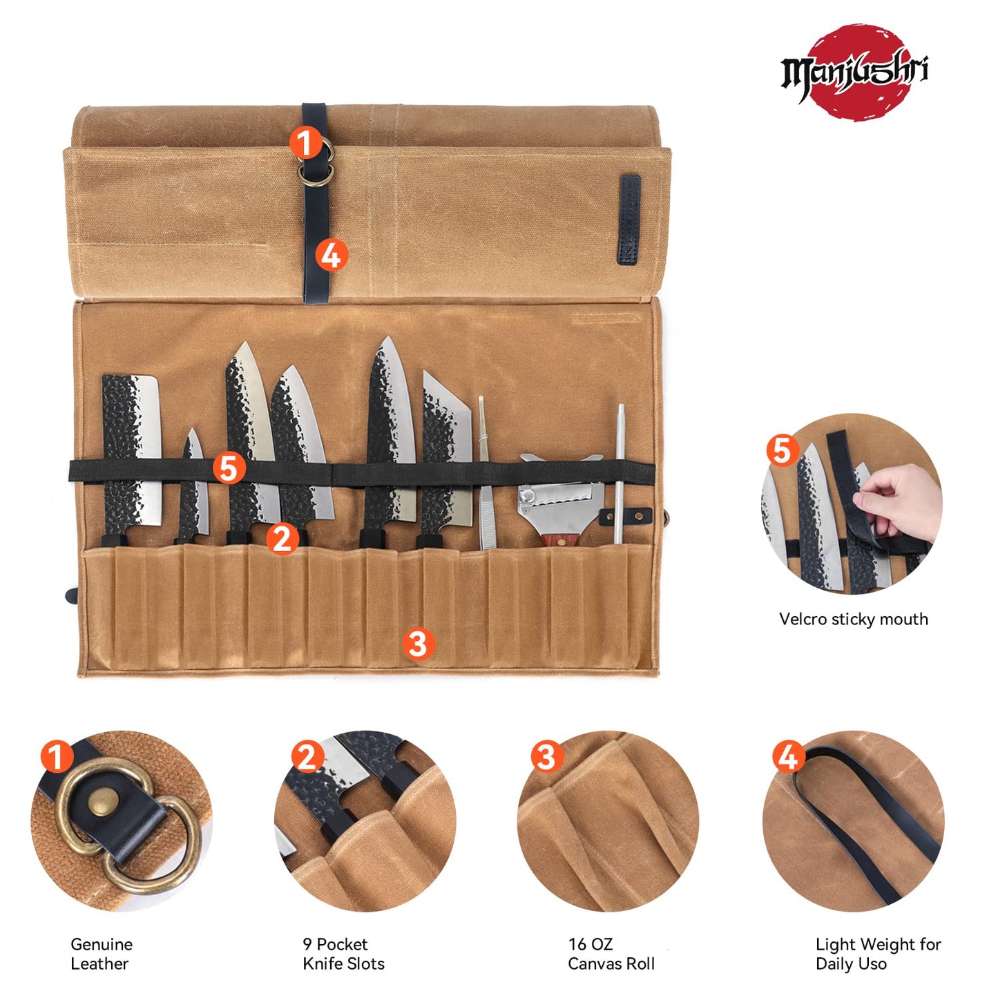 Manjushri Chef Knife Rolls with 9 slots- Canvas Knife Roll Bag with Genuine Leather Belt (Brown)