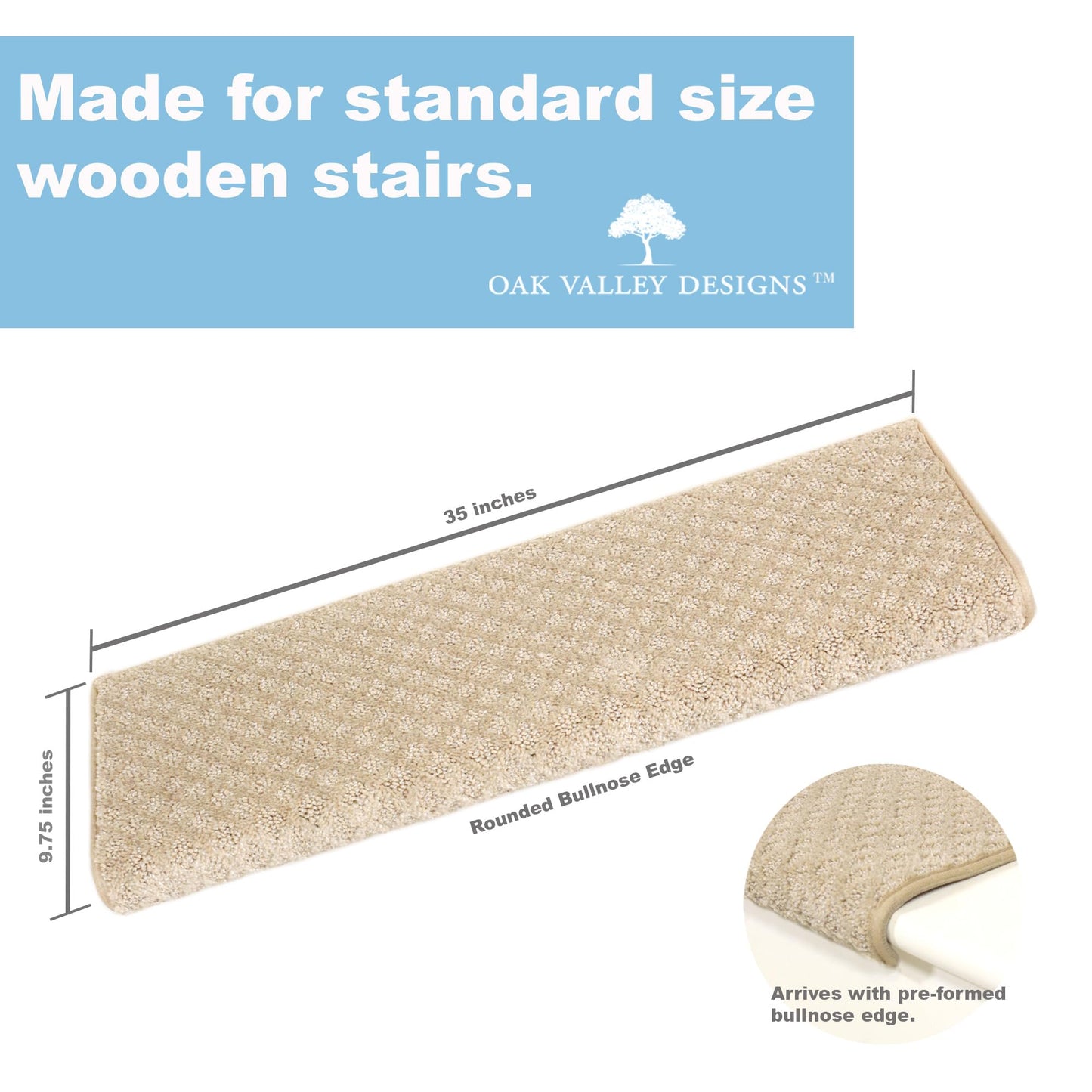 Oak Valley Designs™ Rounded Bullnose Carpet Stair Treads - Anti Slip Indoor Stair Mats for Wooden Stairs, Style: Bayside Charm, Crystal Canyon 27" W X 9.75" D (Set of 4)