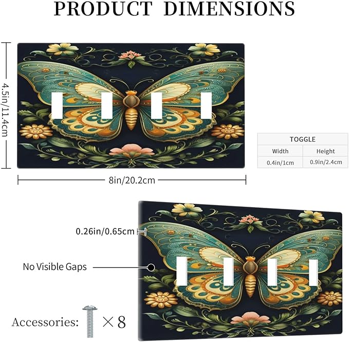 Butterfly Ornate with Flower Light Switch Covers Quad Toggle 4 Gang Wall Plate Decorative Switchplate Electrical Faceplate for Farmhouse Bathroom Living Decor