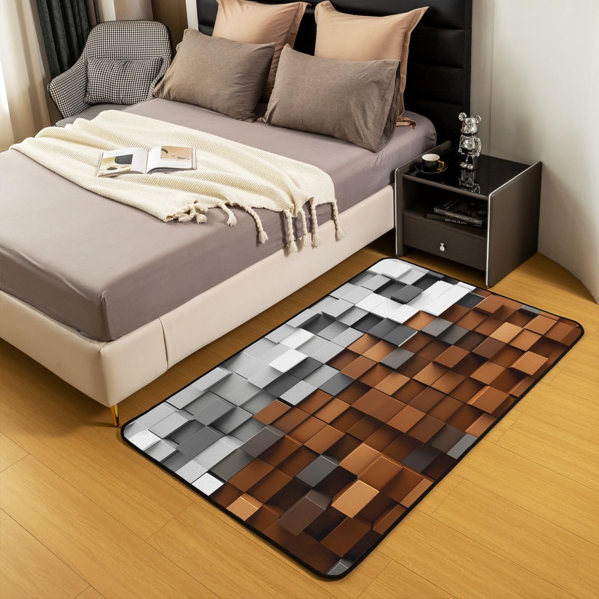 Pixelated Brown Gray Area Rug 3x5 Kids,Geometric Check Video Games Indoor Floor Mat for Boys Girls Teens,Gamepad Grid Decor Carpet Breathable Soft Microfiber Living Room Rugs for Bedroom Room Decor