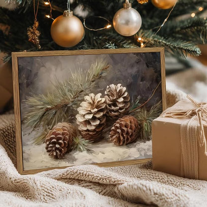 Framed Vintage Christmas Canvas Wall Art, Pine Cones Wall Decor Paintings, Winter Holiday Aesthetic Pictures Prints Rustic Home Decor for Living Room Bedroom Farmhouse 16×24 inch