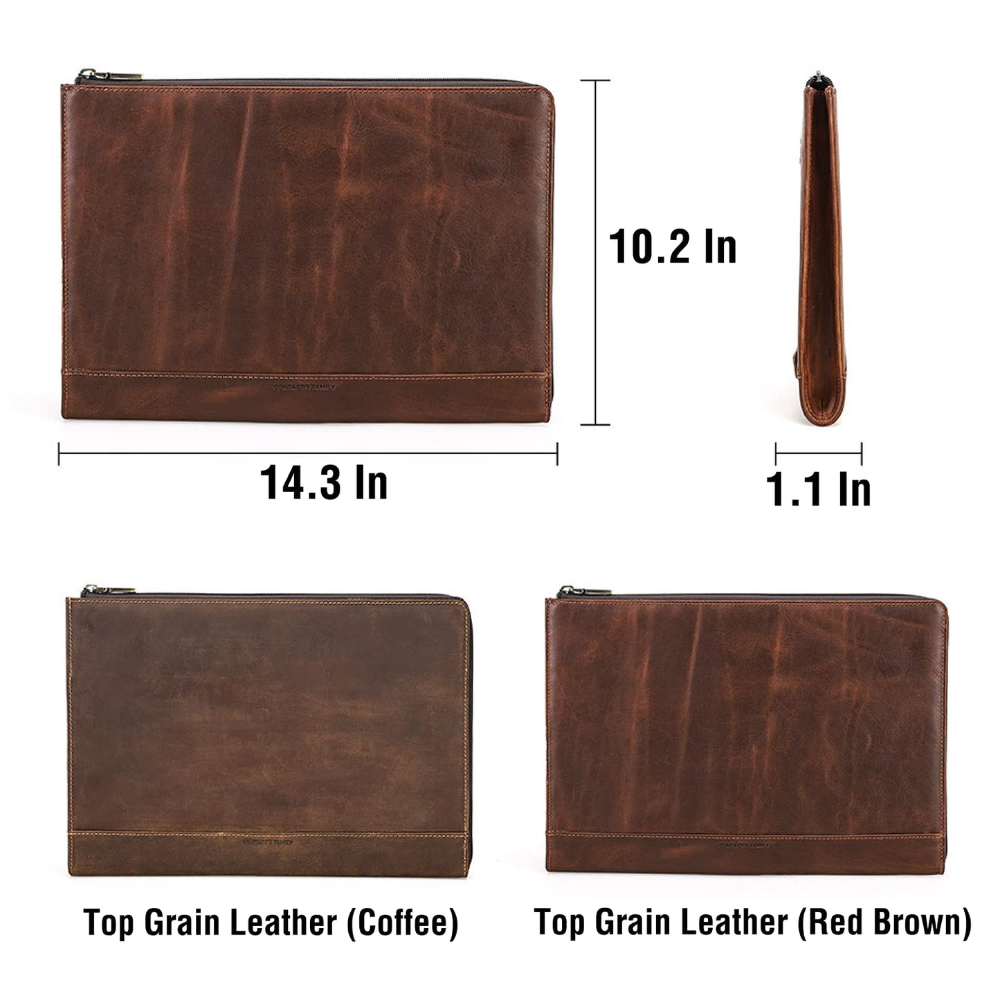 CataPurus Top Grain Leather 14.2" Slim Laptop 90° Zipper Bag, Vintage Design, Handmade, Compatible with MacBook Pro/Air 14"/13.3"/13.6" 2021 2022 M1 Pro/M1 Max A2442 & Other Laptop, Coffee 14.2 Inch