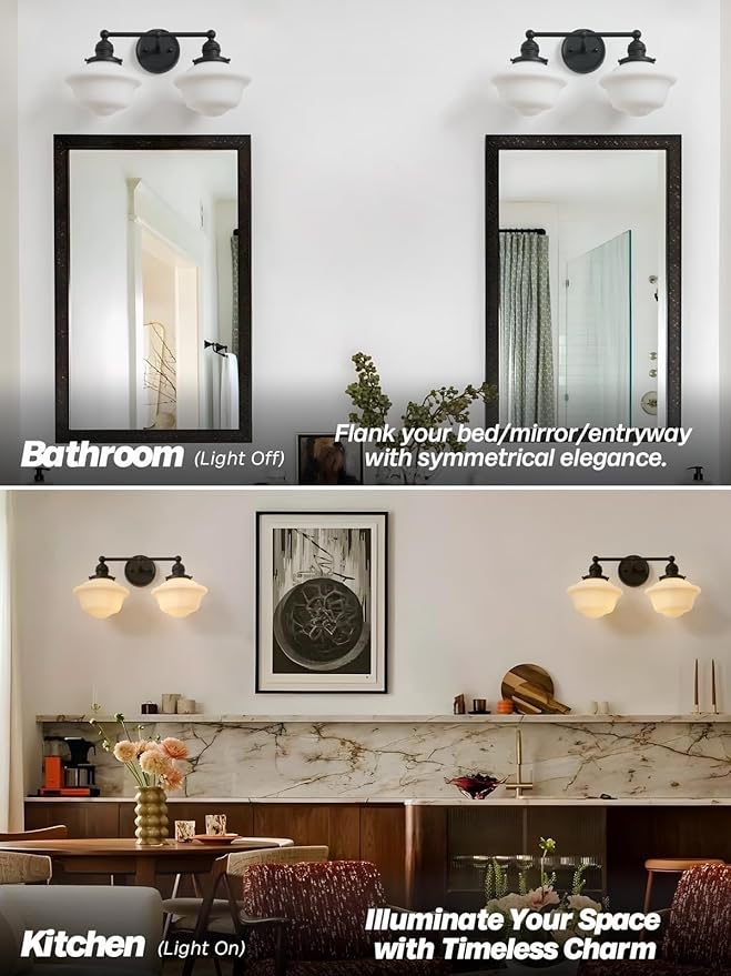 Vintage 2-Lights Wall Sconce Lights Black Bathroom Vanity Light with Milk Glass Double Sconce Wall Mounted Lamp for Bedroom Living Room Bathroom Mirror Kitchen Hallway Hardwire