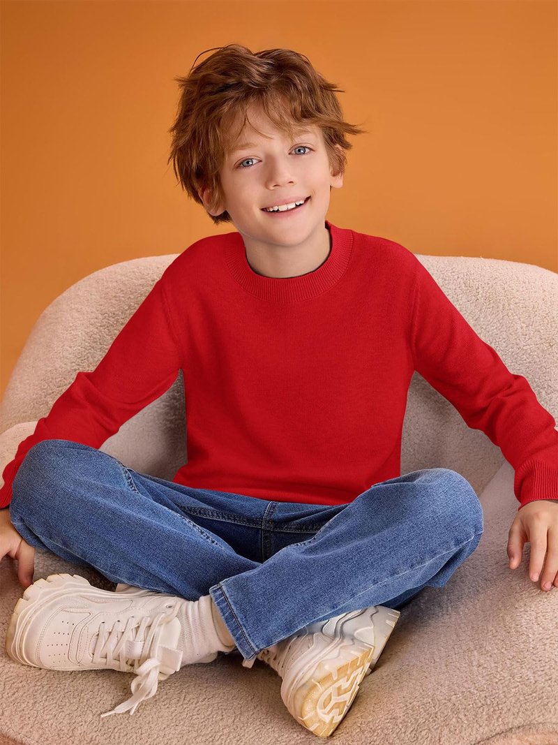 Haloumoning Boys Sweaters Kids Crewneck Long Sleeve Knit Pullover Sweater 5-14 Years Red