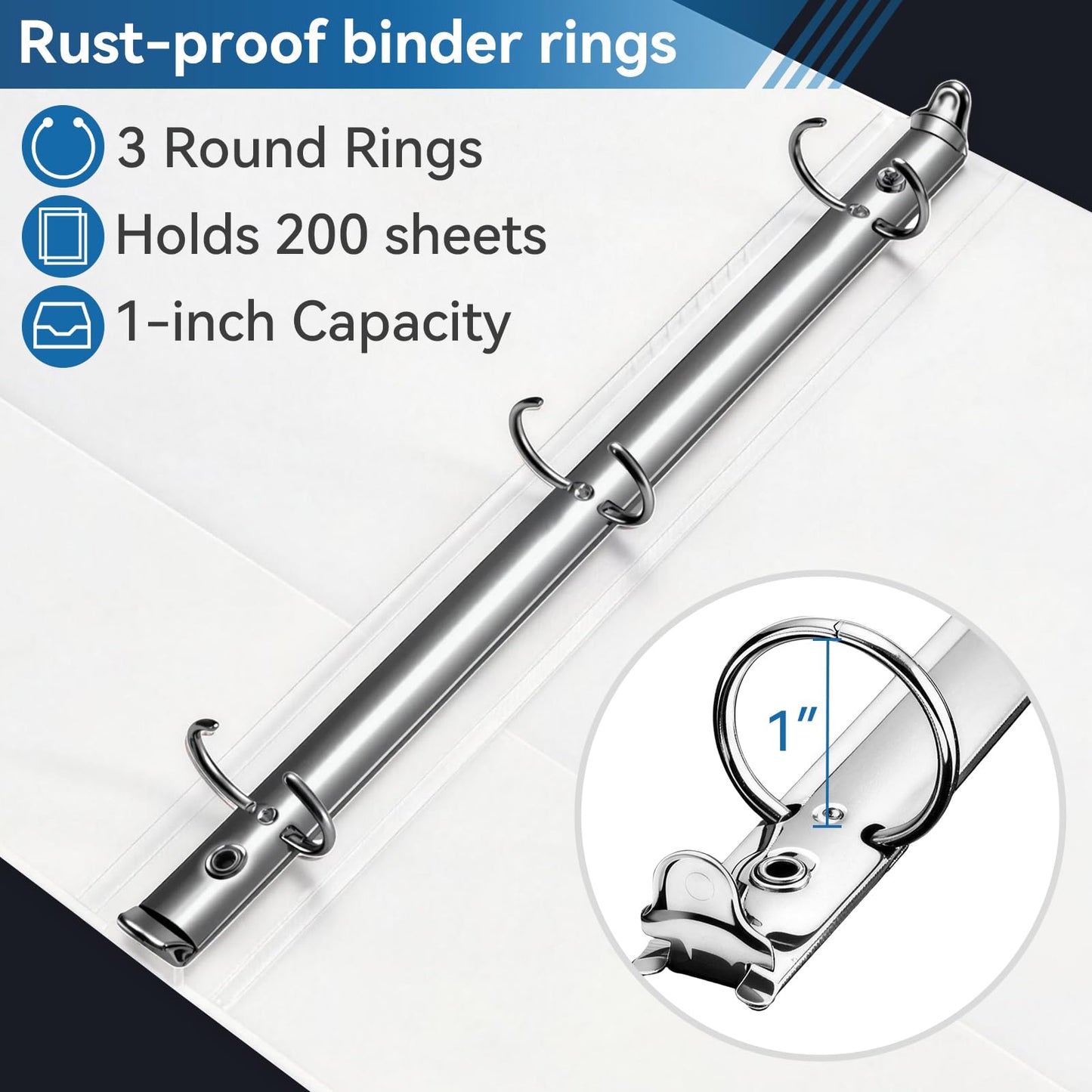 SUIN 3 Ring Binder Bulk 36 Packs -Premium 1'' Binders with Roung Ring Binder, Large 200 Sheet Capacity, Fit 8.5" x 11" US Letter Size Paper, White (1'' White - 36 Packs)