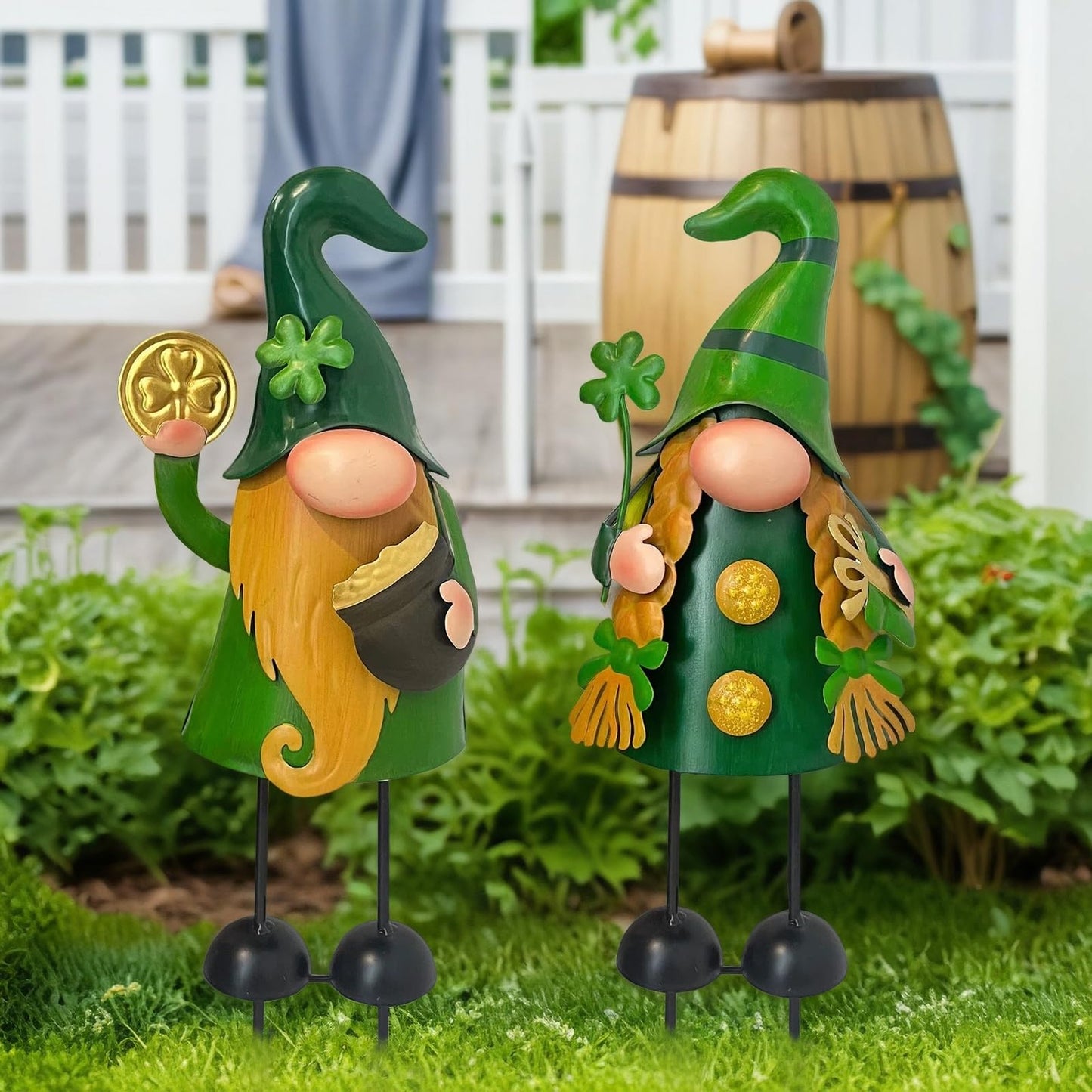 HONGLAND 18 Inch Spring Gnomes Outdoor Decor, 2Pcs Metal Gnomes Garden Stakes, Gnome Gifts for Women Outside Decorations for Yard Home Garden Lawn Patio