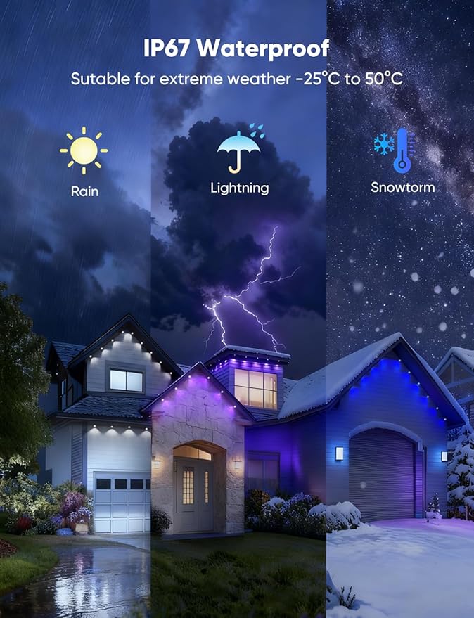 APPECK Permanent Outdoor Lights 200ft with 144 LED Lights, 72W Smart RGBW Eaves Lights, DC 36V, 40LM, IP67 Waterproof String Lights for Halloween Christams Decor, Compatible with Alexa, White