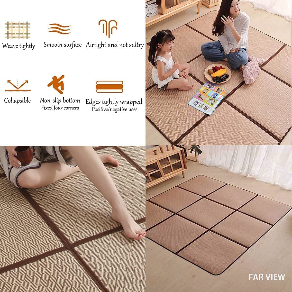 MYOYAY Large Japanese Tatami Mat 71x 71in Summer Breathable Sleeping Mat Foldable Rattan Floor Mat Non-Slip Memory Foam Stitching Carpet Mats Living Room Bedroom Playroom Yoga (Brown)
