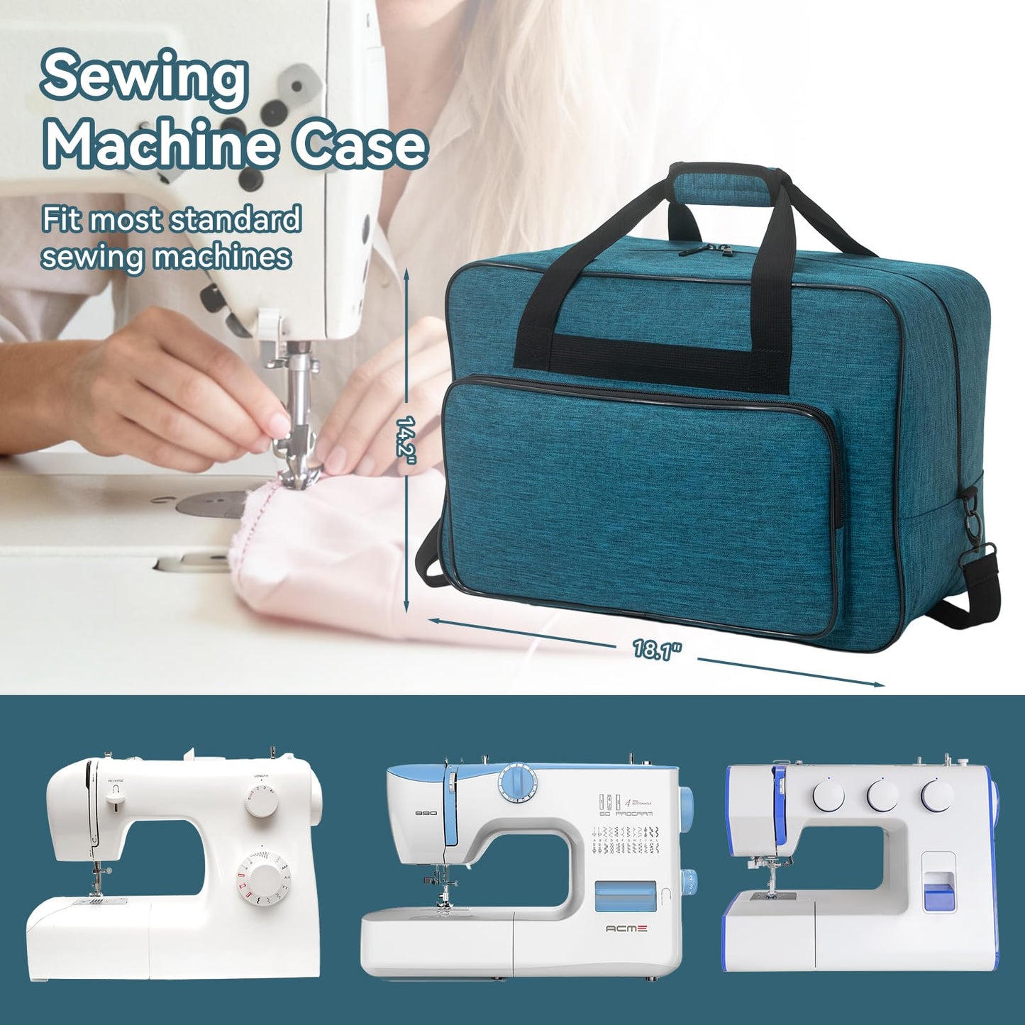 Haroranax Sewing Machine Carrying Case with Padded Handles, Suitable for Most Standard Household Sewing Machines Compatible with Singer, Brother, Janome - Peacock blue