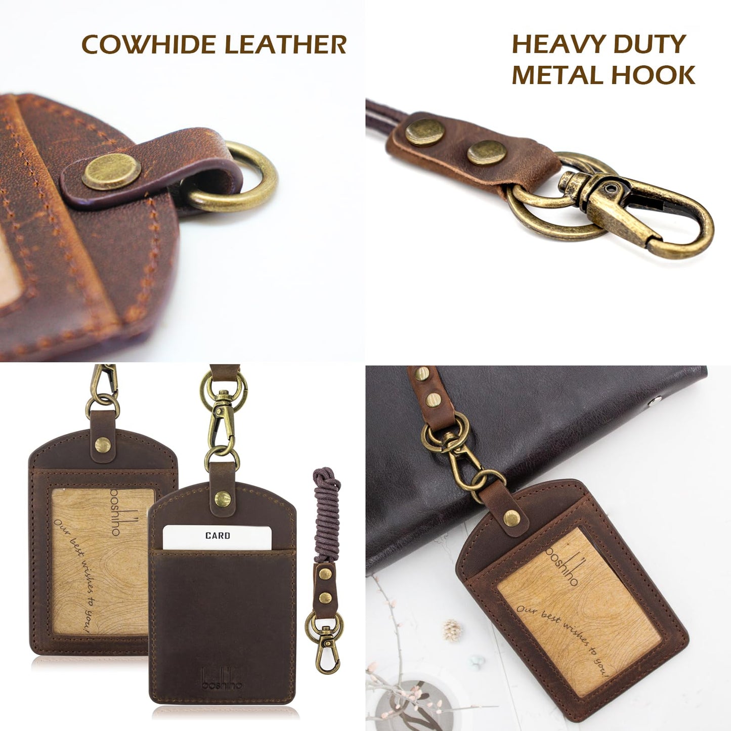 Badge Holder: Boshiho Cowhide Leather ID Badge Card Holder with 19" Neck Lanyard, Vertical Style (Dark Brown)
