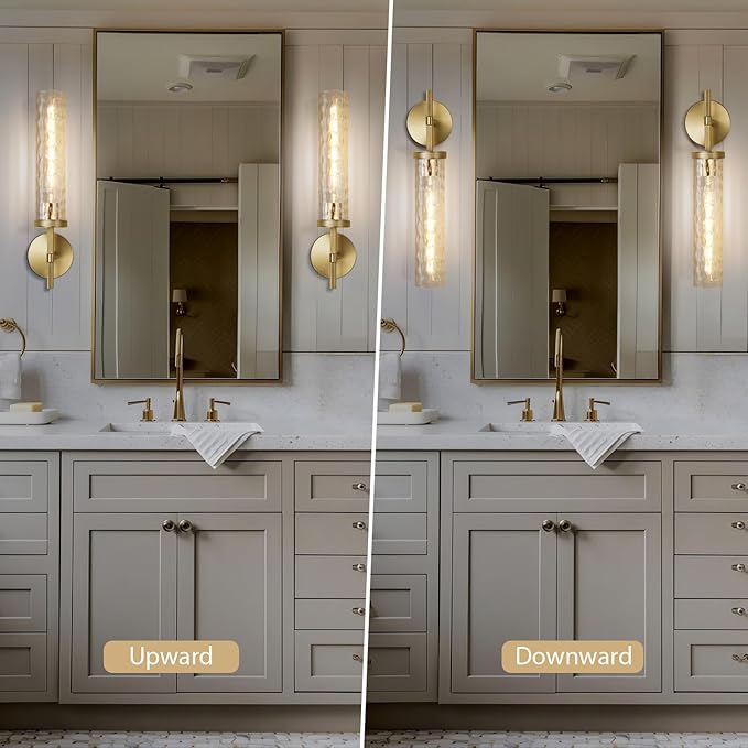 Gold Sconces Wall Lighting 19.48" with Rippled Glass Shade, Solid Knurled Brass Wall Sconces, Vintage Industrial Sconce Lamps for Bedroom Bathroom Entryway & Staircase Mirror Decor(Including Bulb)