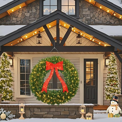 48in Prelit Christmas Wreath - Large Outdoor Christmas Wreath with Lighted Red Christmas Bow, Metal Hook, 714 Branch Tips & 250 Multicolor LED Lights for Front Door Window Holidy Decor