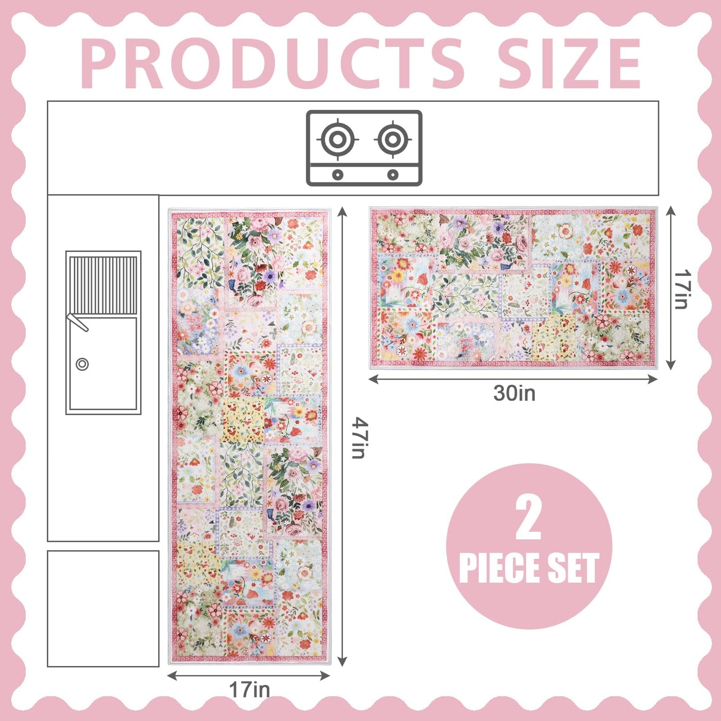 Klyyo Clyro Pink Floral Kitchen Rugs Set of 2 Cute Farmhouse Floor Mats Soft Non Slip Cushioned Washable Kitchen Rugs for Home Entrance Laundry Office Sink Spring Summer Decor, 17 x30 +17 x47