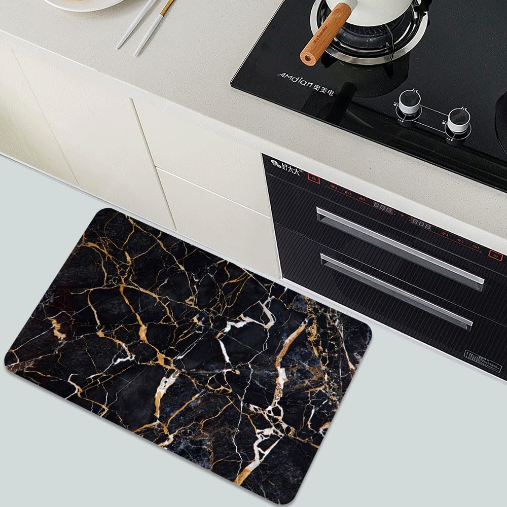Bath Mat Rug,Black marble with yellow and white Non Slip Quick Dry Super Absorbent Thin Bathroom Rugs Fit Under Door-Easy to clean Bathroom Floor Mats-Shower Rug for Shower Sink Bathtub(16" x 24"In)