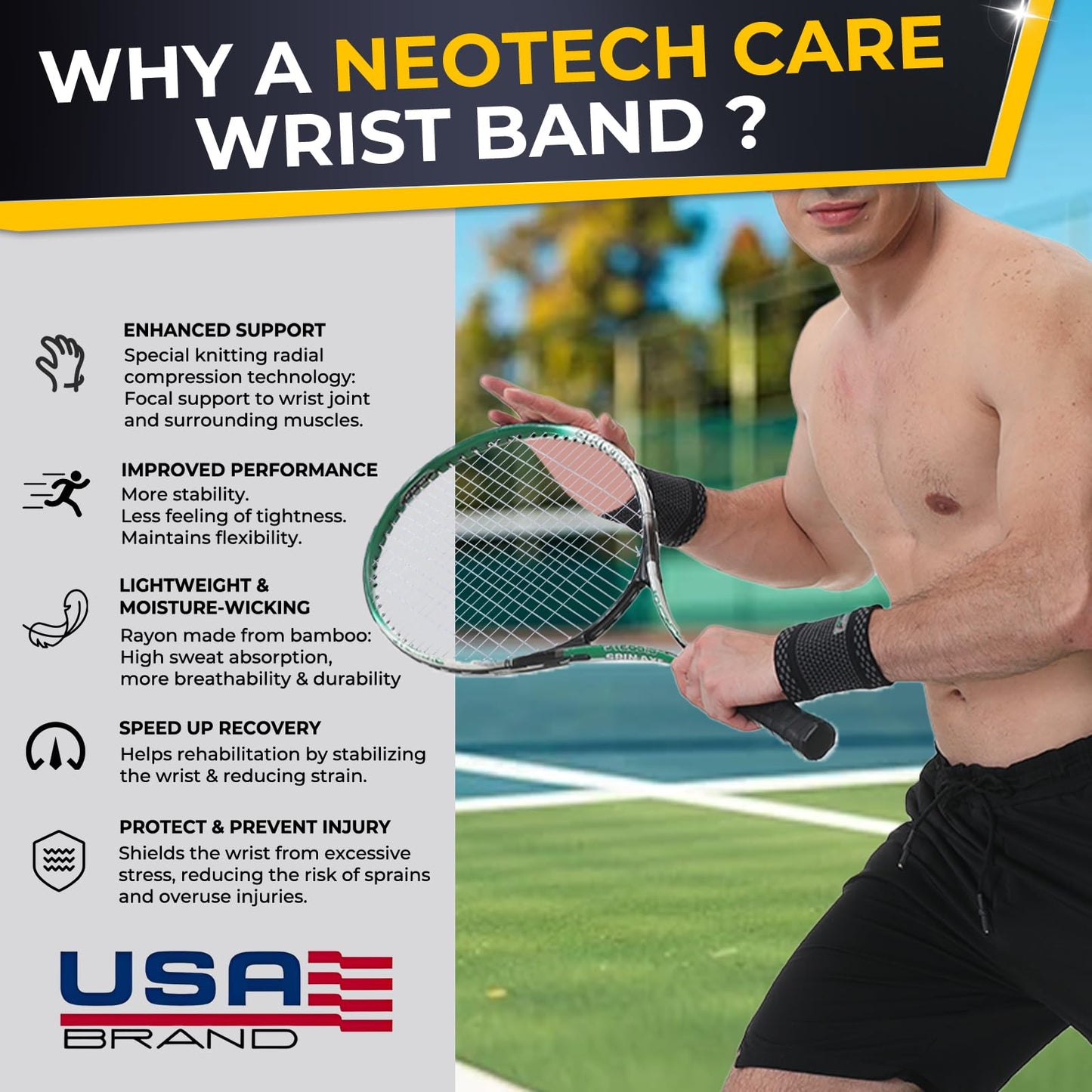 NeoTech Care Wrist Band - Light, Elastic, Men, Women, Right or Left (Black Color, Size M, 1 Unit)
