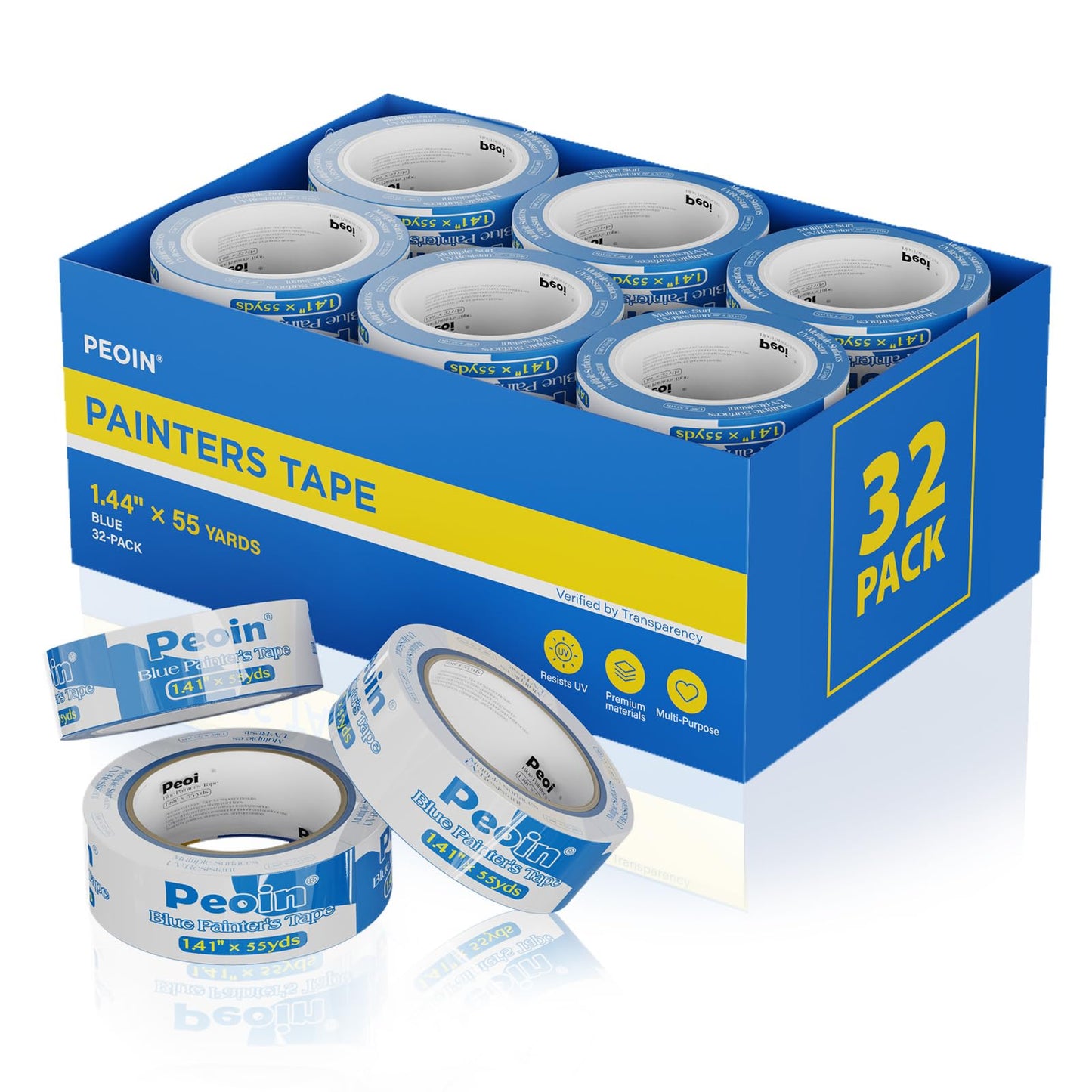 Peoin Blue Painters Tape 1.5 Inch Bulk, 32 Roll Painting Tape Blue Masking for Painting Wall DIY Edge, Paint 1.41 Inch 55 Yards X 32 Rolls 1760 Total Yards