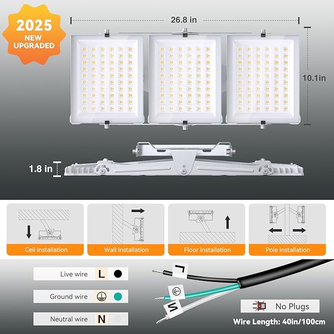 450W 2 Pack 2025 Plus New Upgraded LED Flood Light Outdoor, 45000LM Super Bright Stadium Lights, 6000K Daylight White, IP66 Waterproof, 3 Heads Adjustable Floodlights for Yard, Arena, Garden