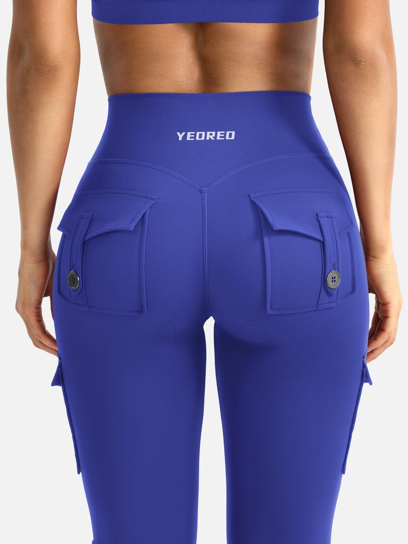 YEOREO CoreFlex Women Workout Flare Leggings with Pockets Scrunch Cargo Gym Yoga Leggings 28" Inseam Dazzling Blue M