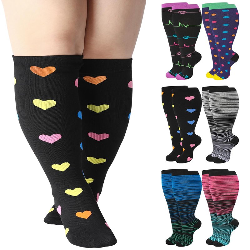 Jspupifip 6 Pairs Plus Size Compression Socks for Women Wide Calf Extra Large Knee High Support for Travel Yoga Running Circulation, 3X-Large