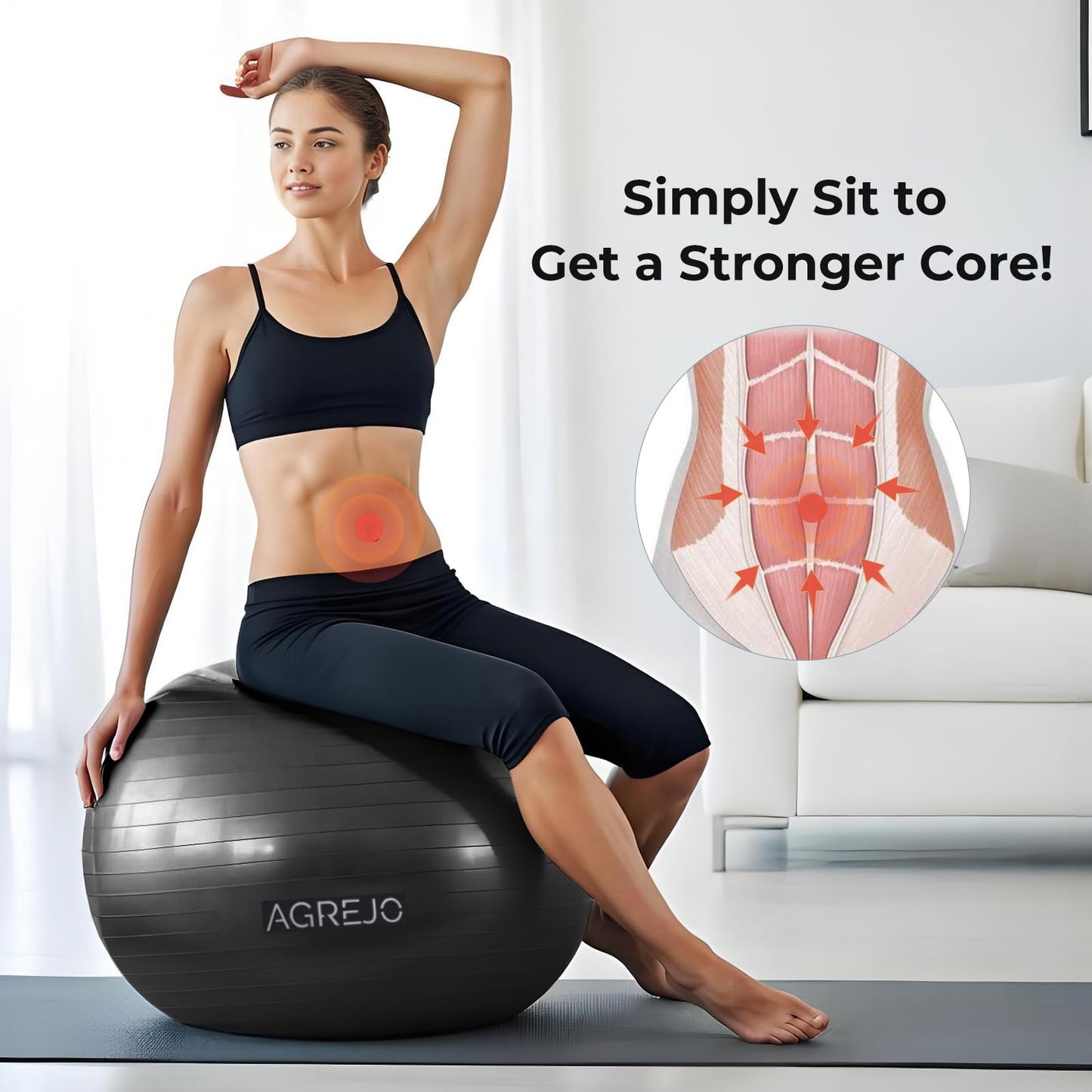 AGREJO Yoga Ball, Exercise Ball for Working Out, Anti-Burst and Slip Resistant for Physical Therapy, Birthing, Stretching, Flexible Seating, Home Gym, with Pump (L: 23-26ines/58-65cm)