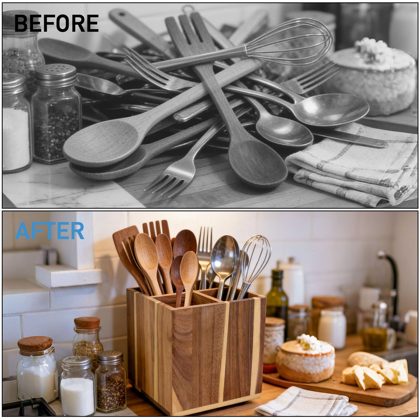 Wooden Utensil Holder for Kitchen Counter, Non-Slip Large Acacia Wood Spatula Holder for Counter with 4 Compartments, 360° Rotating Cooking Utensil Holder, Farmhouse Countertop Decor
