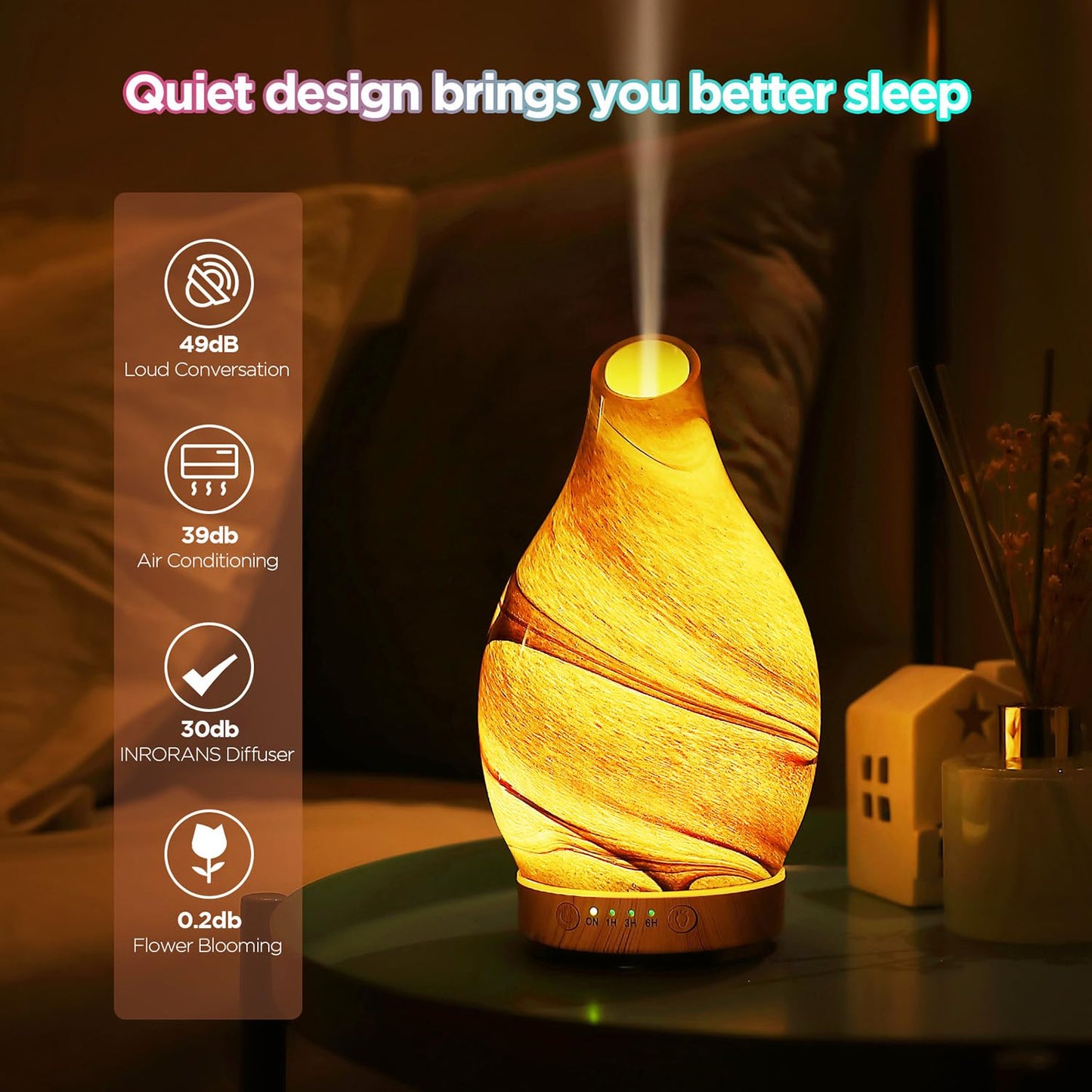 Essential Oil Diffuser Hand Blown Glass Aromatherapy Diffuser - Ultrasonic Cool Mist Scent Aroma Diffuser, Whisper Quiet with Auto Shut-Off, Timer Setting &7 Colors Night Light for Home