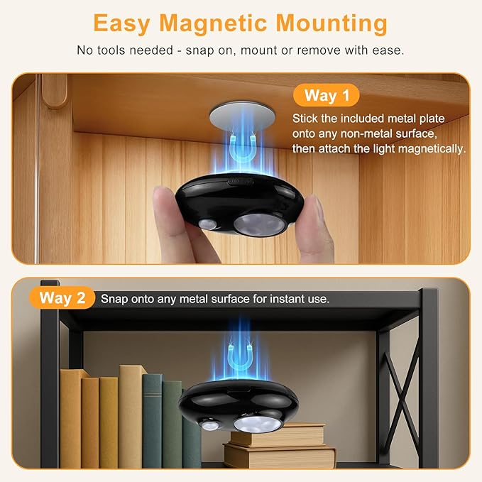Motion Sensor Puck Lights, 3 Color Temps Dimmable LED Closet Light, Wireless USB Magnetic Cabinet Lights, Black Stick On Motion Sensor Light Indoor for Stair, Kitchen, Shelf (6 Pack)