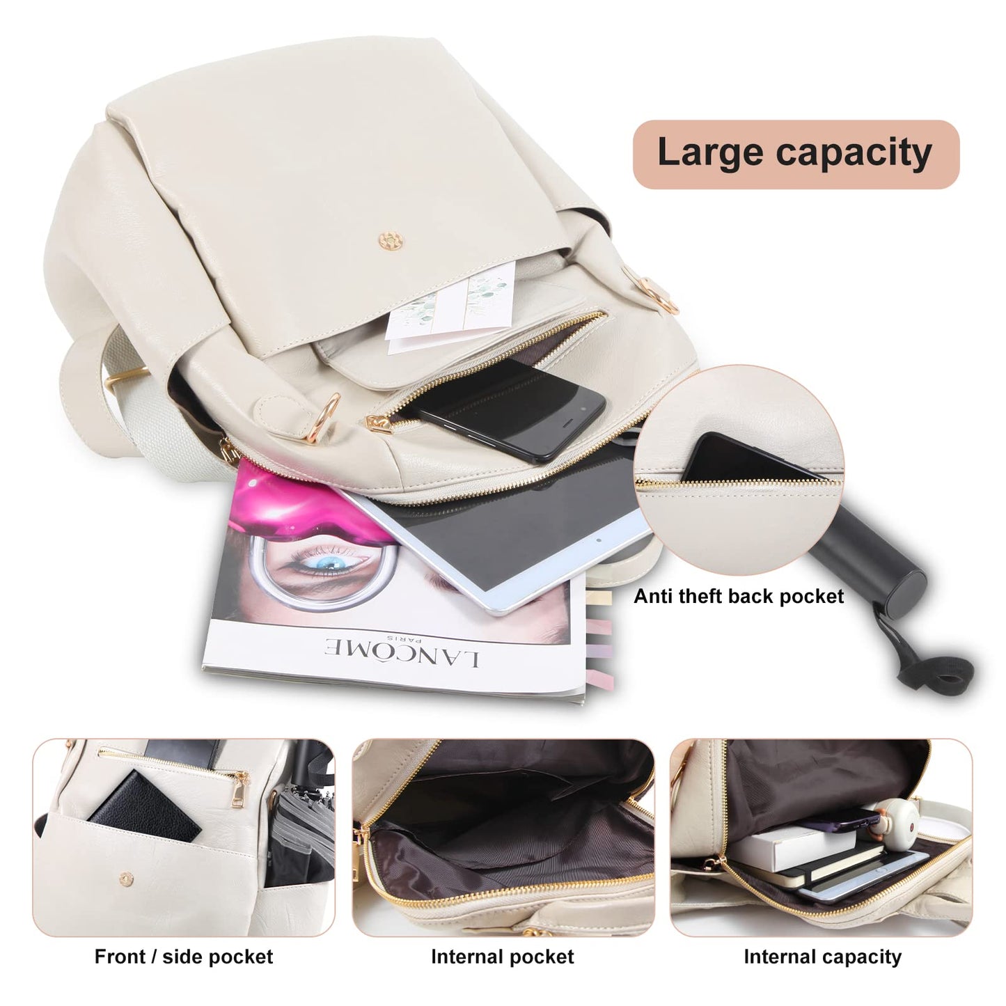 ASDSSRY Women Fashion Backpack Purse Waterproof Bookbags Travel Shopping Rucksack Convertible Ladies Shoulder Bag (Dark Beige)