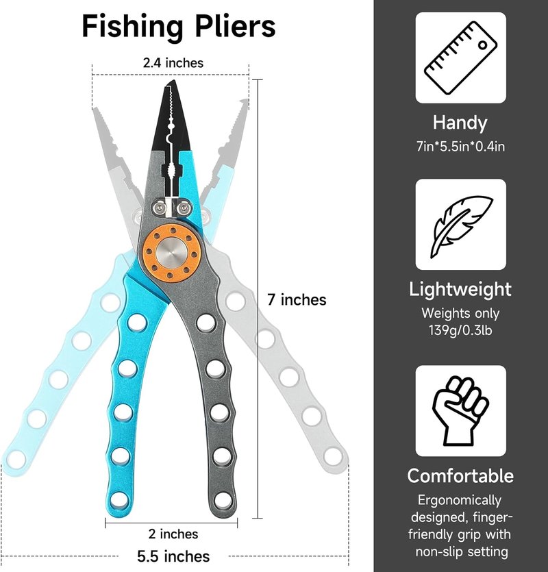 Fishing Pliers - 7-Inch Aluminum Braid Cutters | Corrosion Resistant Hook Remover & Split Ring Tool with Sheath and Lanyard