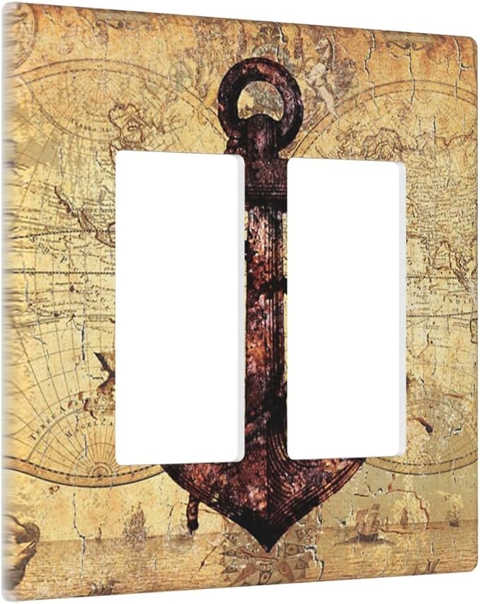 Anchor Nautical Vintage Map Double Rocker Light Switch Cover 2 Gang Outlet Wall Plate Decorative GFCI Switchplate Electrical Faceplate for Office Livingroom Home Decor