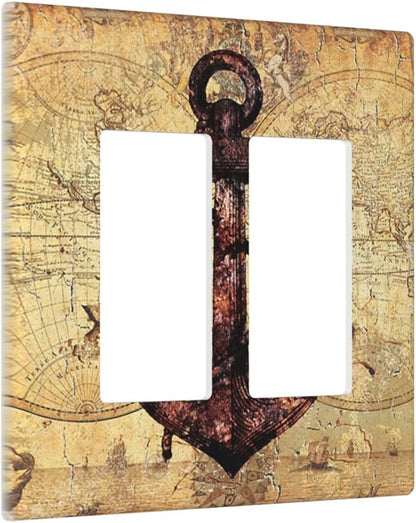 Anchor Nautical Vintage Map Double Rocker Light Switch Cover 2 Gang Outlet Wall Plate Decorative GFCI Switchplate Electrical Faceplate for Office Livingroom Home Decor