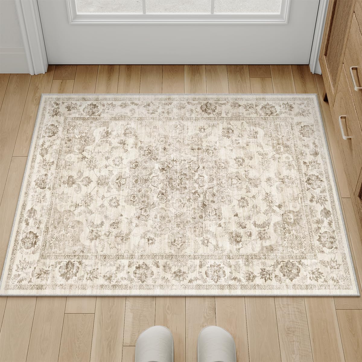 WondRg 2x3 Washable Neutral Area Rug Beige Vintage Entryway Kitchen Carpet Non-Slip Soft Low Pile Farmhouse Indoor Small Throw Rug for Bedroom Bathroom Entrance