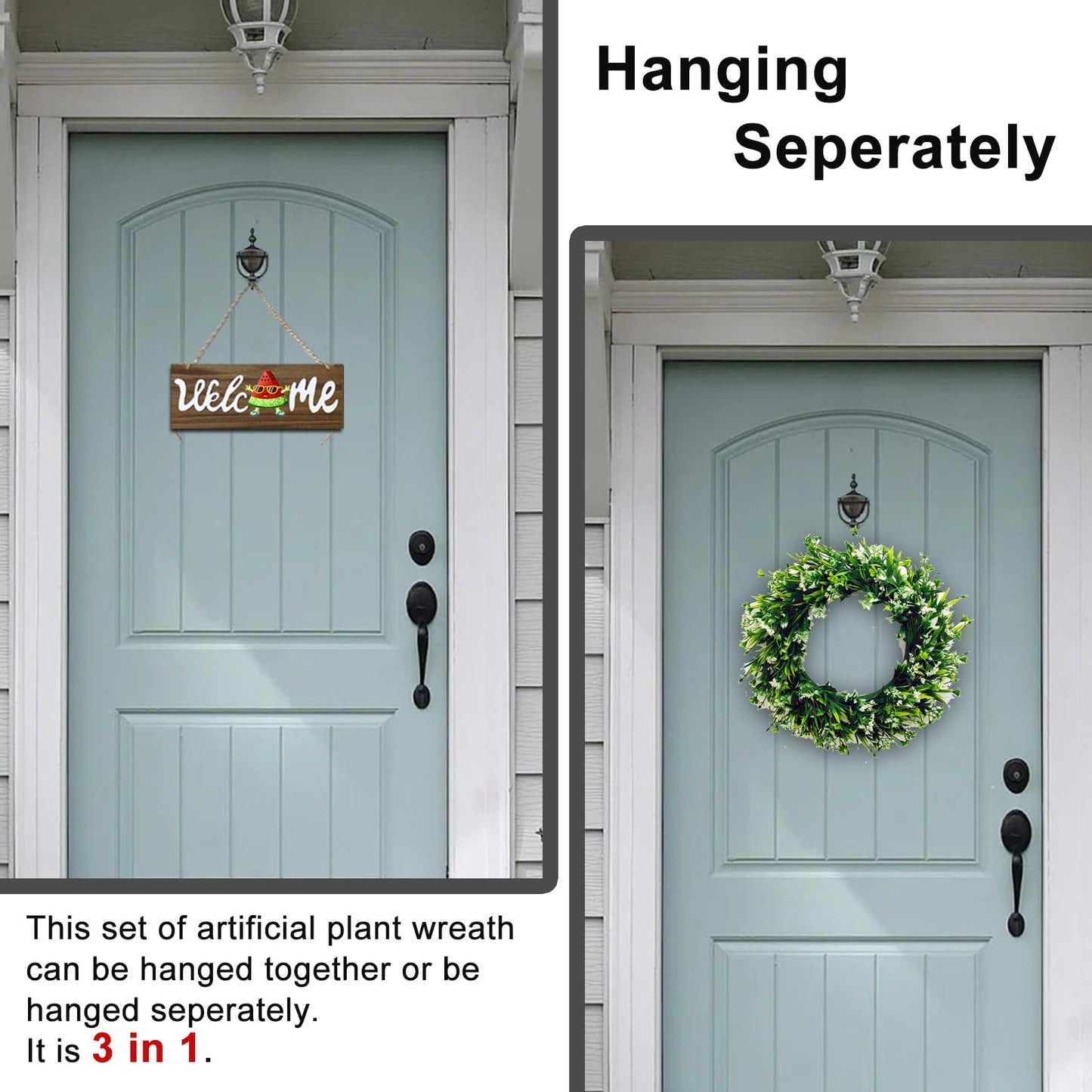 Green Eucalyptus Wreath with Welcome Sign, 16" Easter Spring Artificial Wreath Hanging Decor for Front Door Porch Window Housewarming Gift