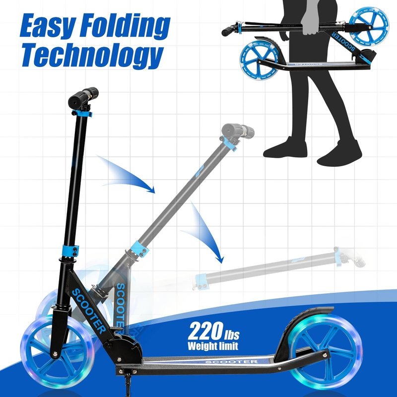 GYMAX Scooter for Adults, 220LBS Folding Aluminum Scooters with LED Flashing Wheels, Carrying Straps, Adjustable Handlebar & Kickstand, Quick Release Portable Kick Scooter for Teens, Youth (Black)