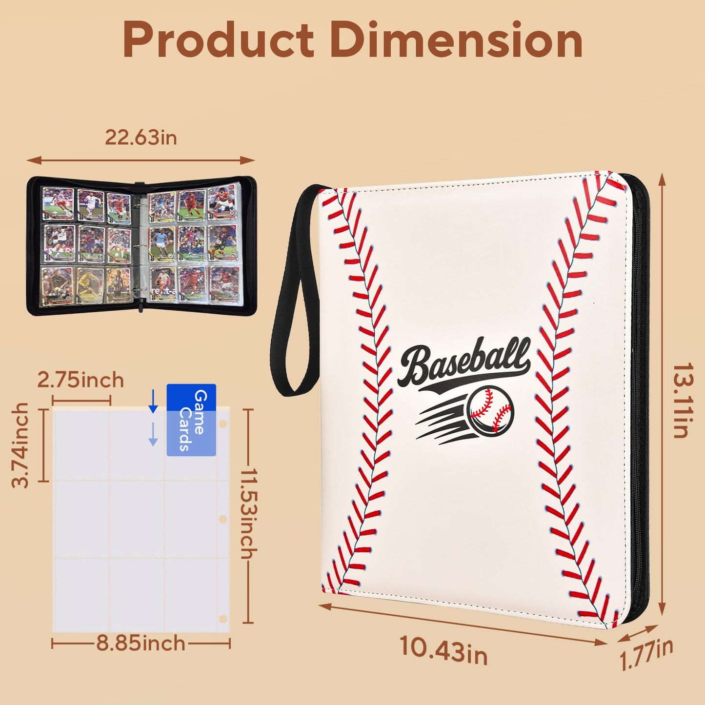 ULLTOON Baseball Card Binder 9 Pocket, 1080 Pockets Trading Card Binder with Zipper, Portable Collector Card Album Storage Organizer for Sports Cards, Game Cards, Gifts for Kids